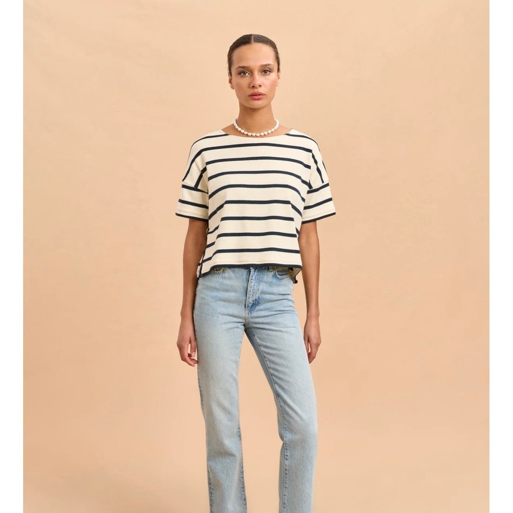 La Ligne New York Striped Cotton Short Sleeve Tee Cream Navy XXS New